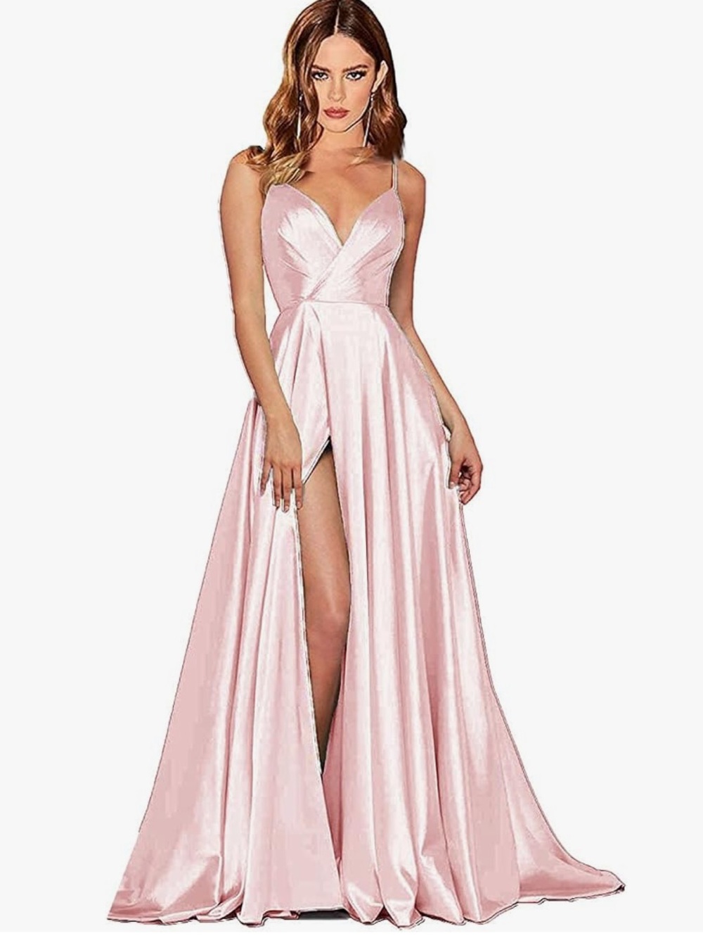 Blush Pink Satin A-Line Prom Gown with High Slit with pockets